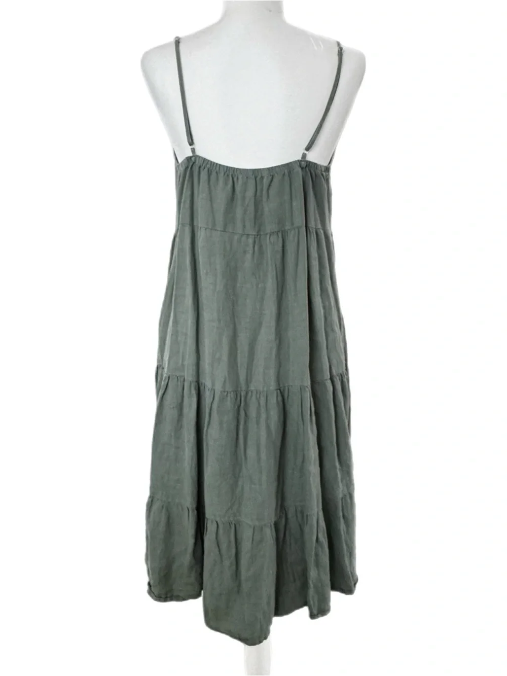 Glam Linen Sleeveless Tiered Midi Dress - Olive Green Sz L